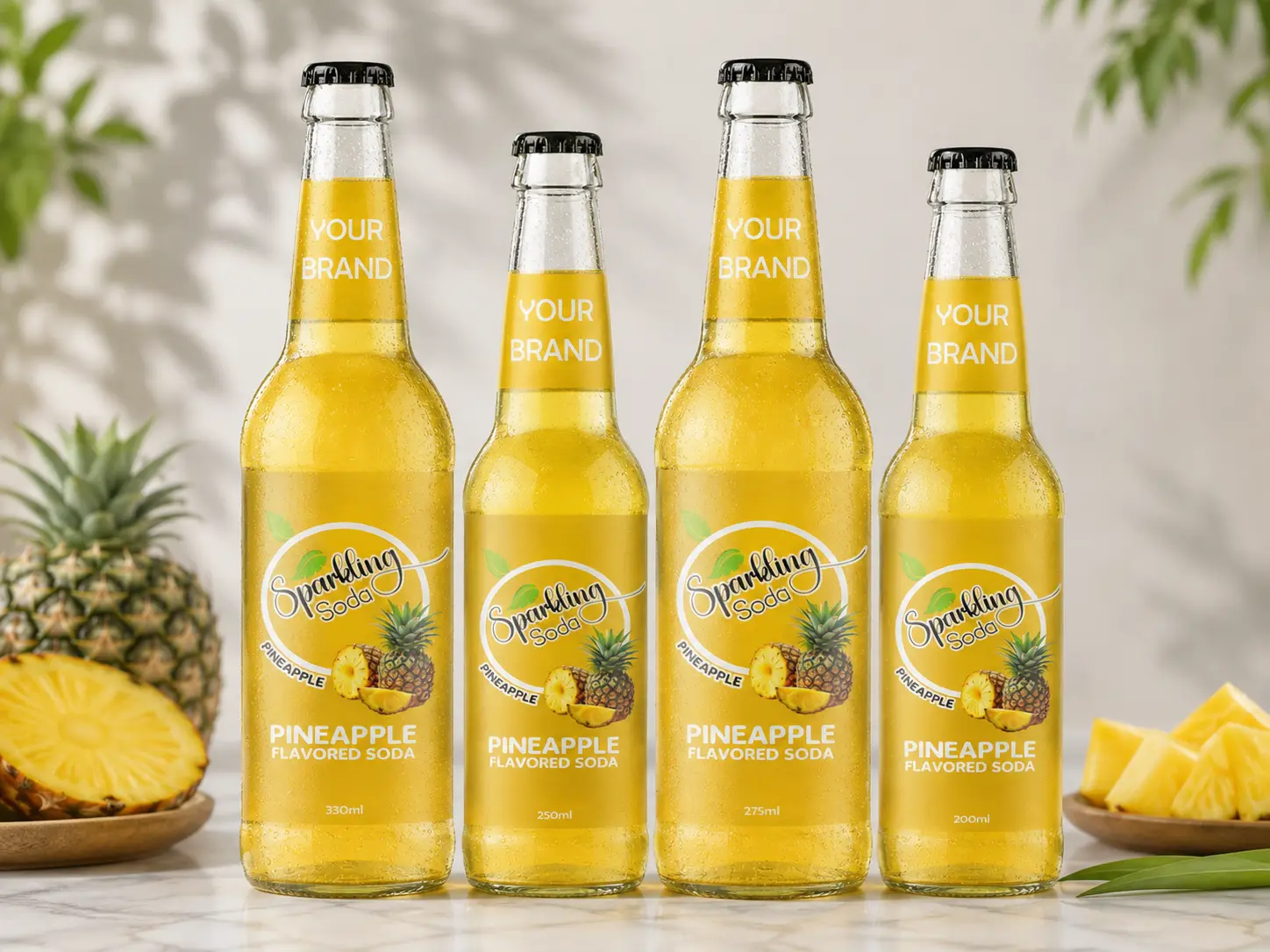 SPARKLING FLAVORED SODA Pineapple in 330ml, 250ml, 275ml, and 200ml glass bottles.